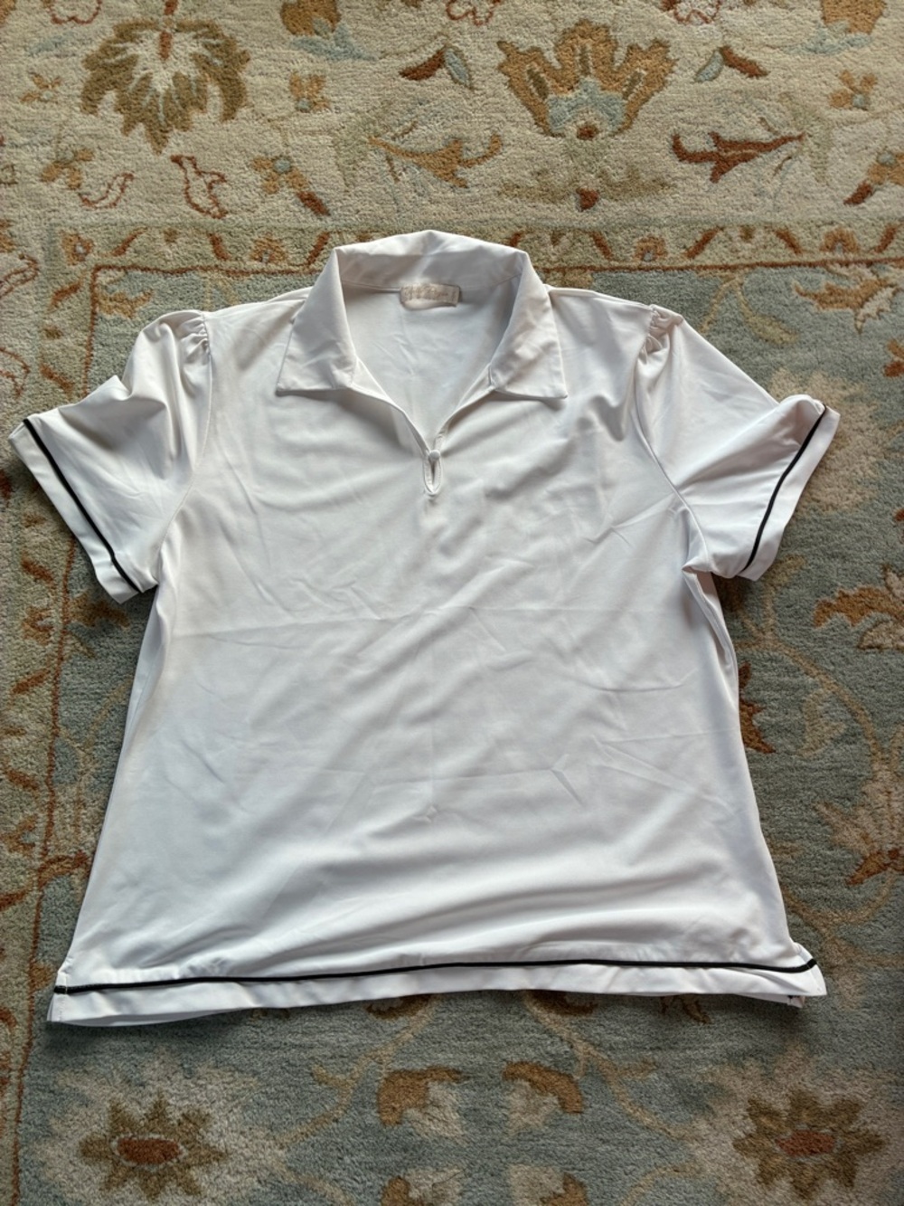 Women's White Short Sleeve poloTop with Black Piping